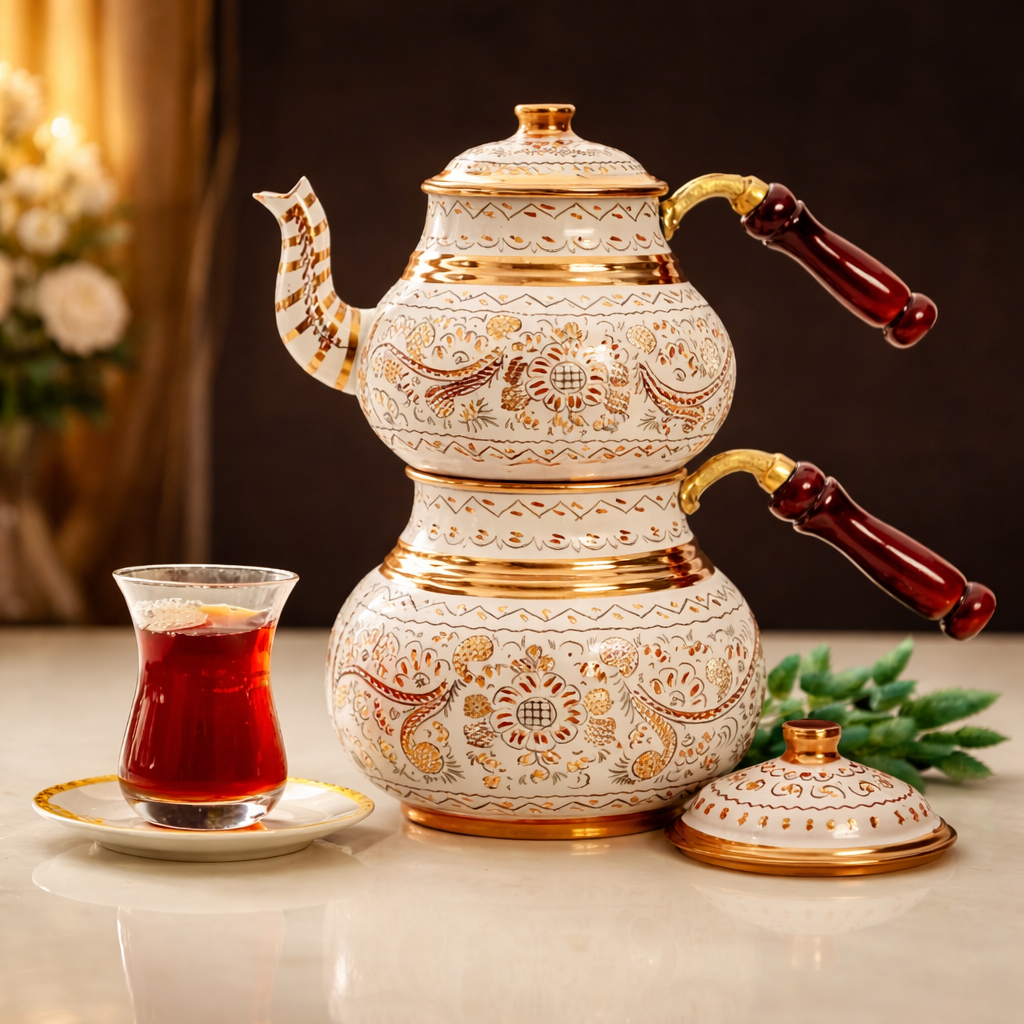 Handcrafted Ottoman Style Copper Teapot Set – Traditional Turkish Tea Kettle (Double Teapot)