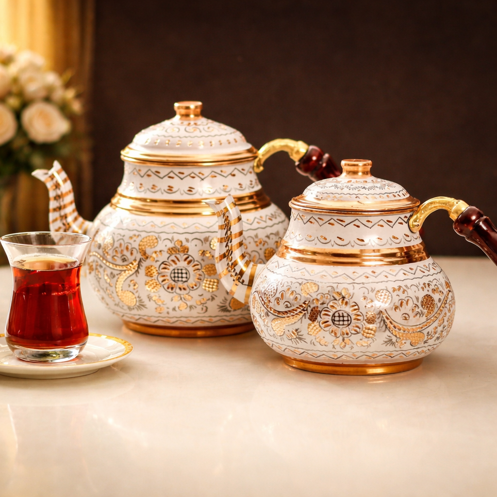Handcrafted Ottoman Style Copper Teapot Set – Traditional Turkish Tea Kettle (Double Teapot)
