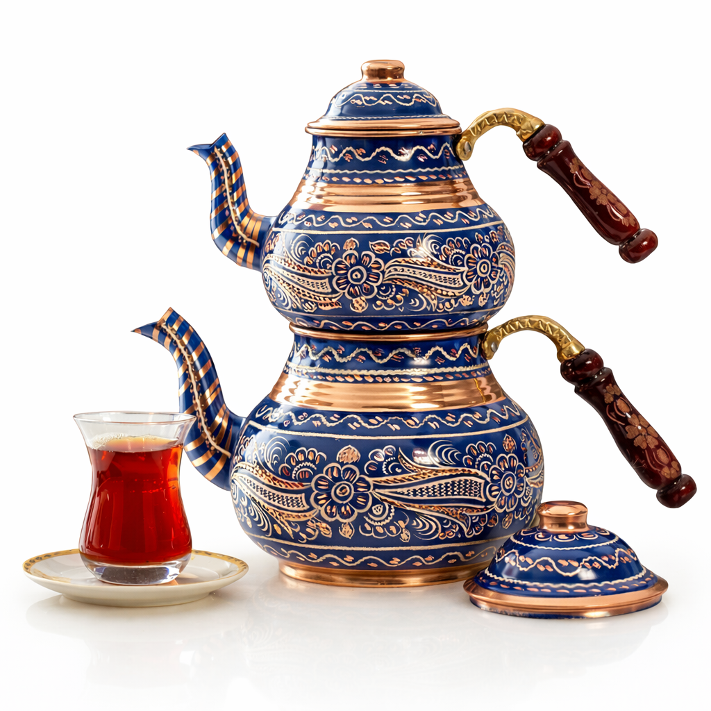 Handcrafted Ottoman Style Copper Teapot Set – Traditional Turkish Tea Kettle (Double Teapot)