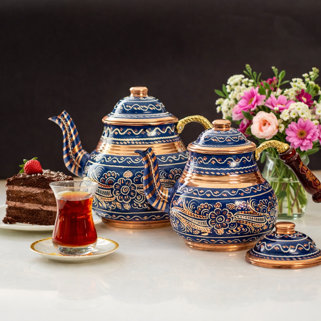 Handcrafted Ottoman Style Copper Teapot Set – Traditional Turkish Tea Kettle (Double Teapot)