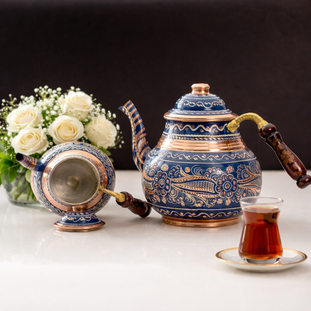 Handcrafted Ottoman Style Copper Teapot Set – Traditional Turkish Tea Kettle (Double Teapot)