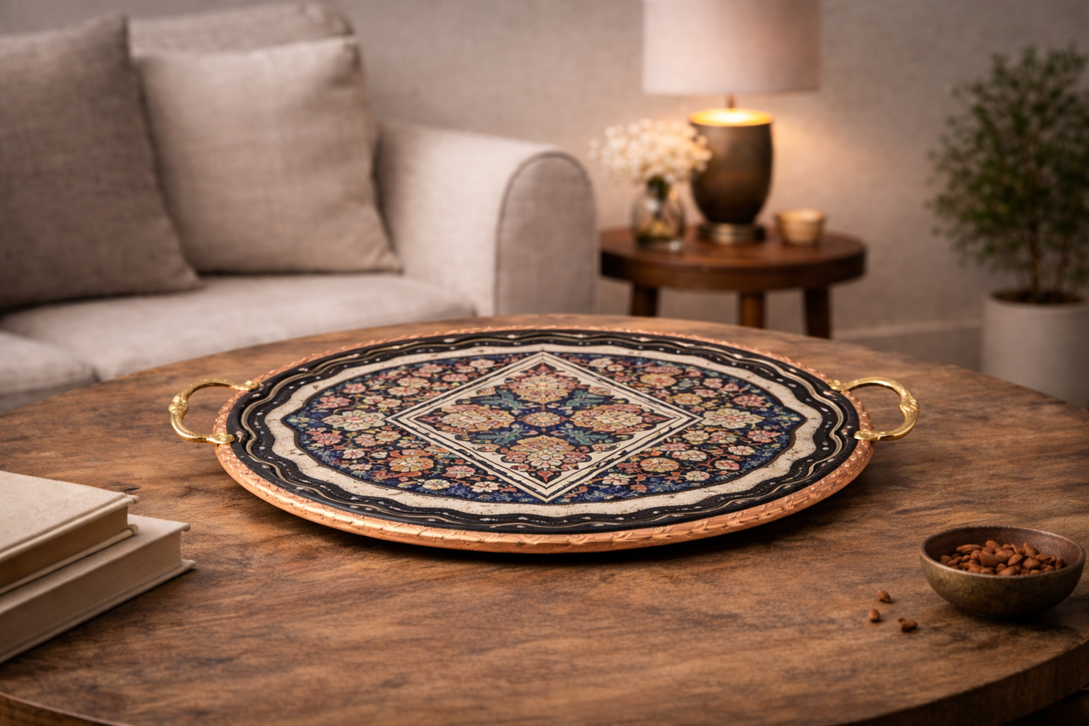 Handcrafted Copper & Enamel Round Serving Tray