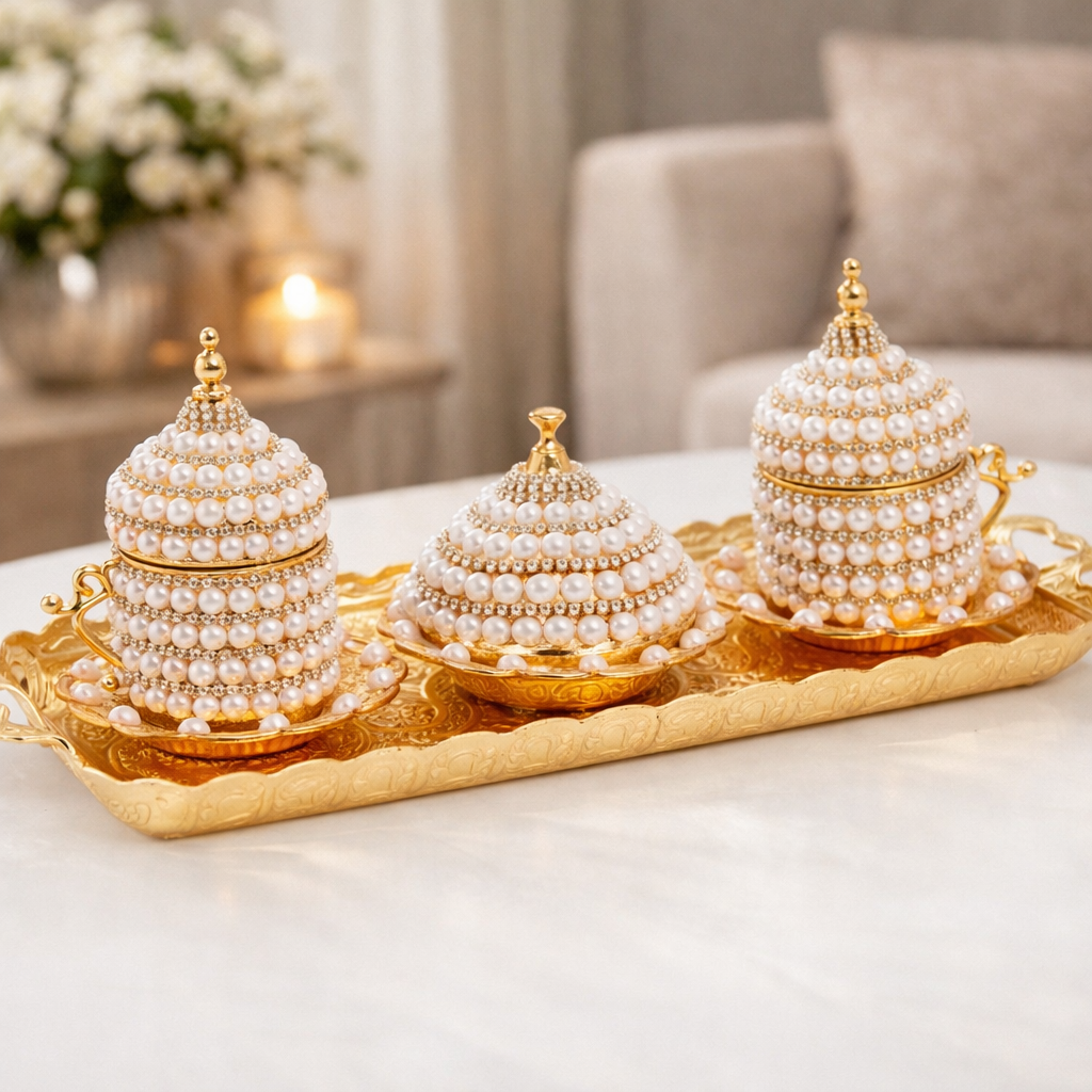 Pearl Embellished Decorative Serving Set – Luxury Coffee & Sugar Tray