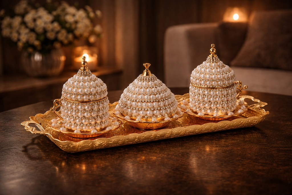 Pearl Embellished Decorative Serving Set – Luxury Coffee & Sugar Tray