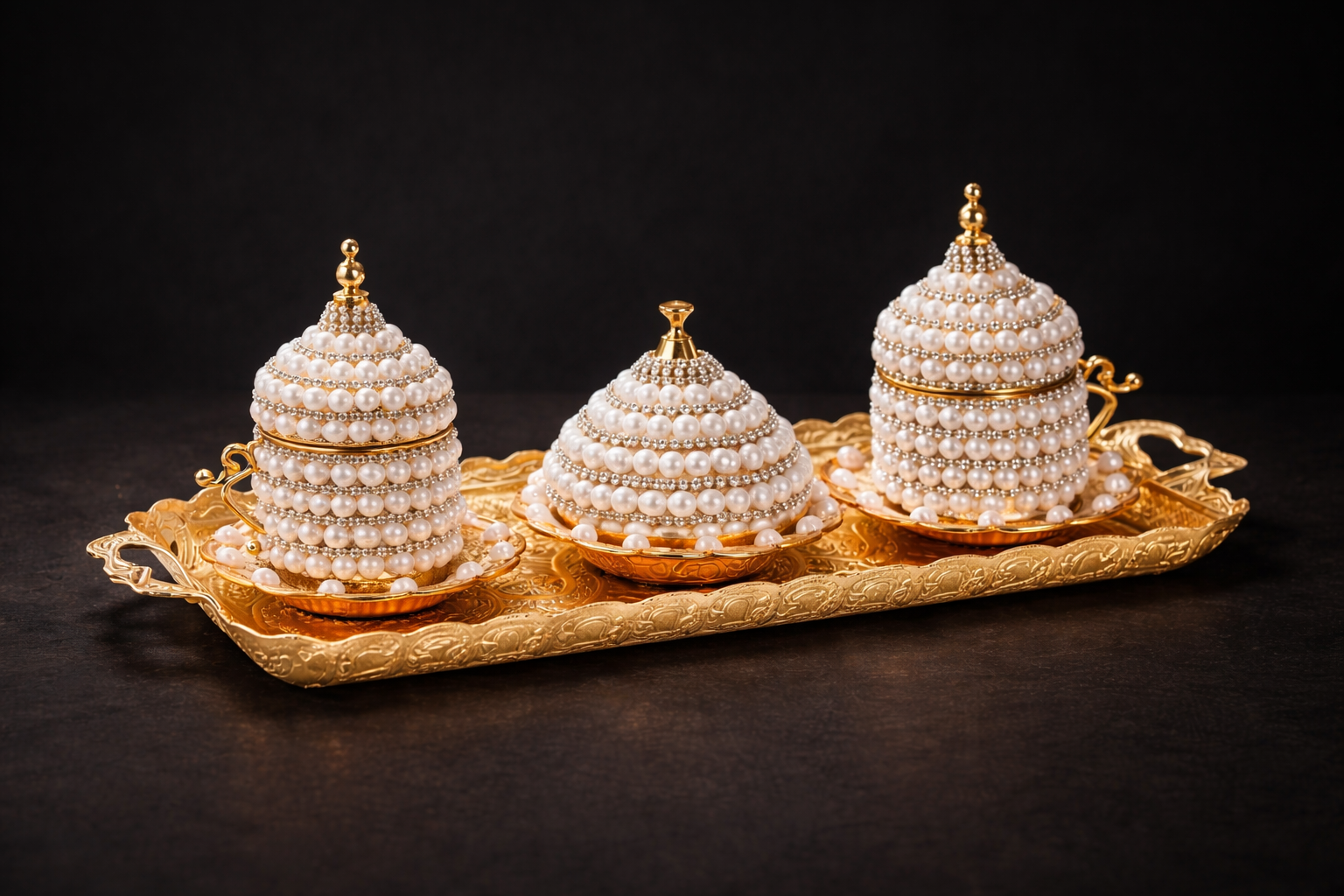 Pearl Embellished Decorative Serving Set – Luxury Coffee & Sugar Tray