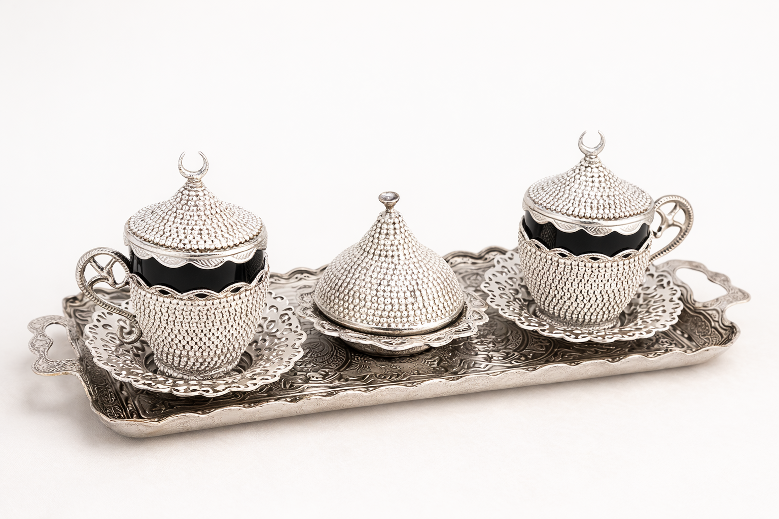 Handcrafted Ottoman Style Silver Coffee Serving Set – Decorative Tray Collection