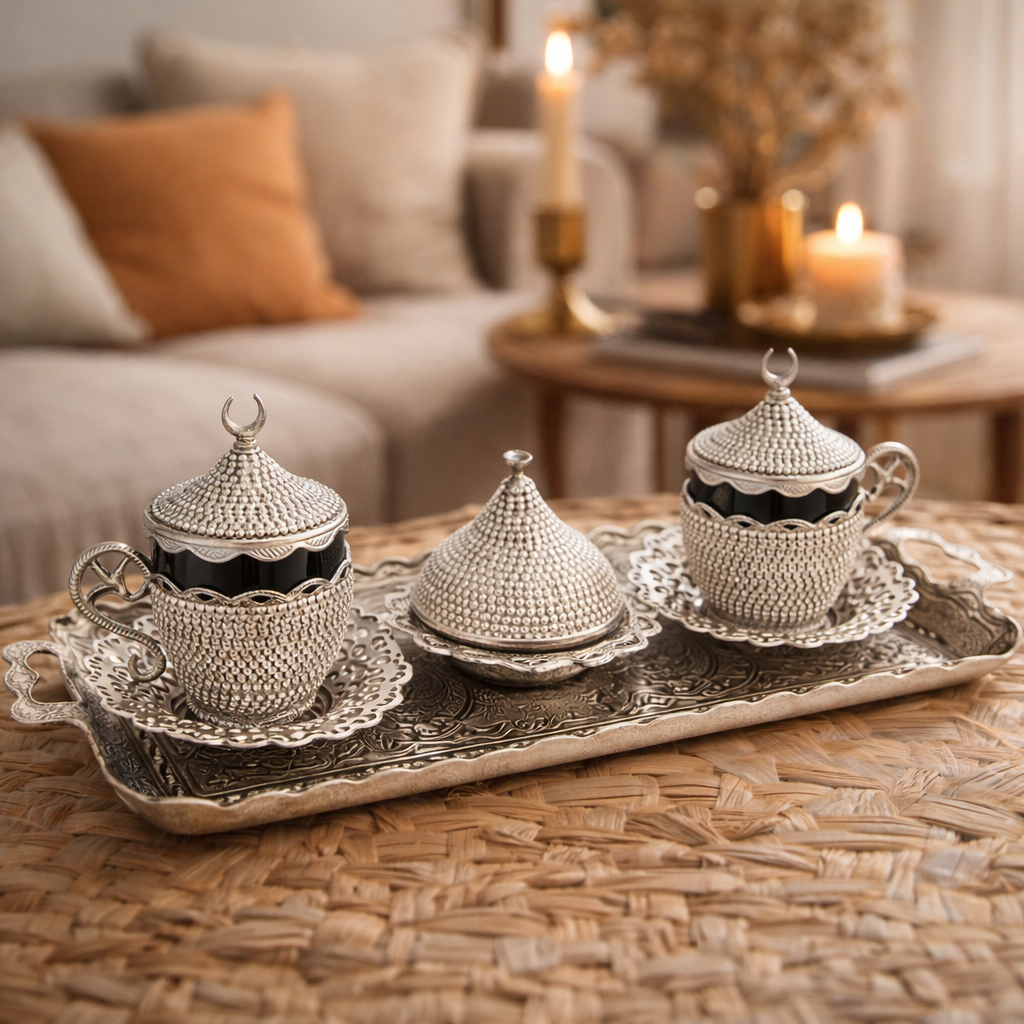 Handcrafted Ottoman Style Silver Coffee Serving Set – Decorative Tray Collection