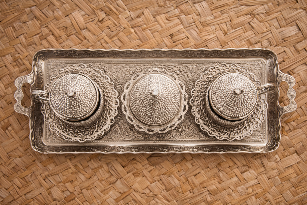 Handcrafted Ottoman Style Silver Coffee Serving Set – Decorative Tray Collection
