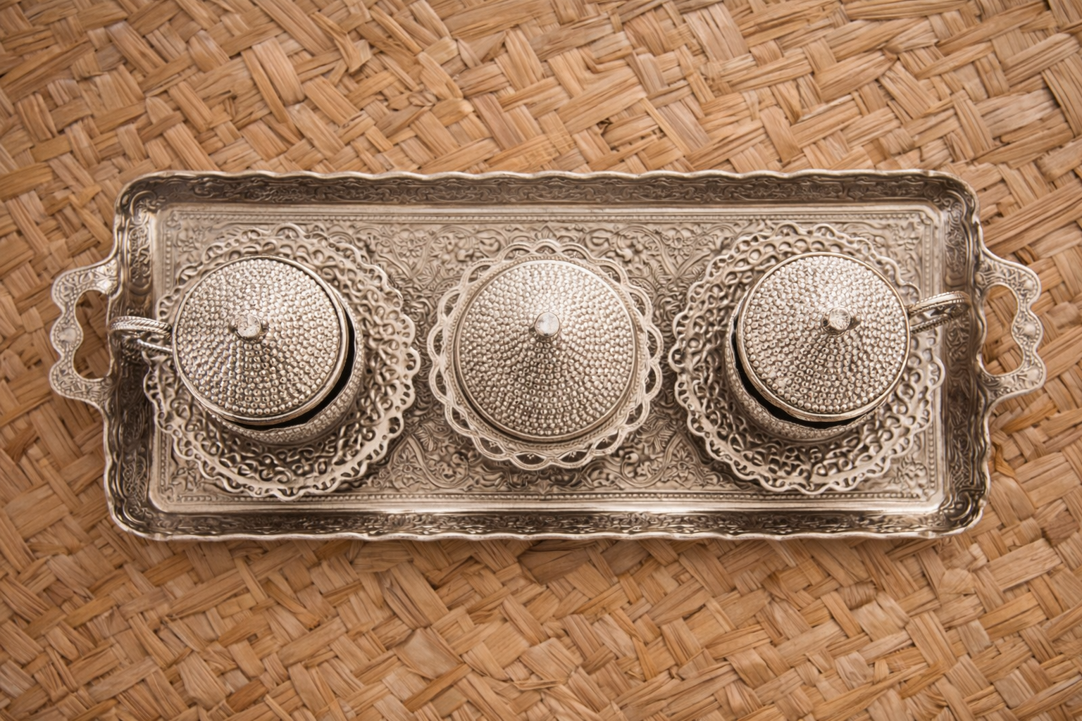 Handcrafted Ottoman Style Silver Coffee Serving Set – Decorative Tray Collection