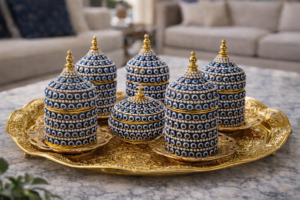 Luxury Turkish Coffee Set with Porcelain Cups, Gold Tray & Evil Eye Design – Premium Gift Set