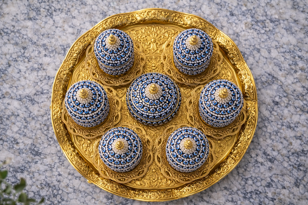 Luxury Turkish Coffee Set with Porcelain Cups, Gold Tray & Evil Eye Design – Premium Gift Set