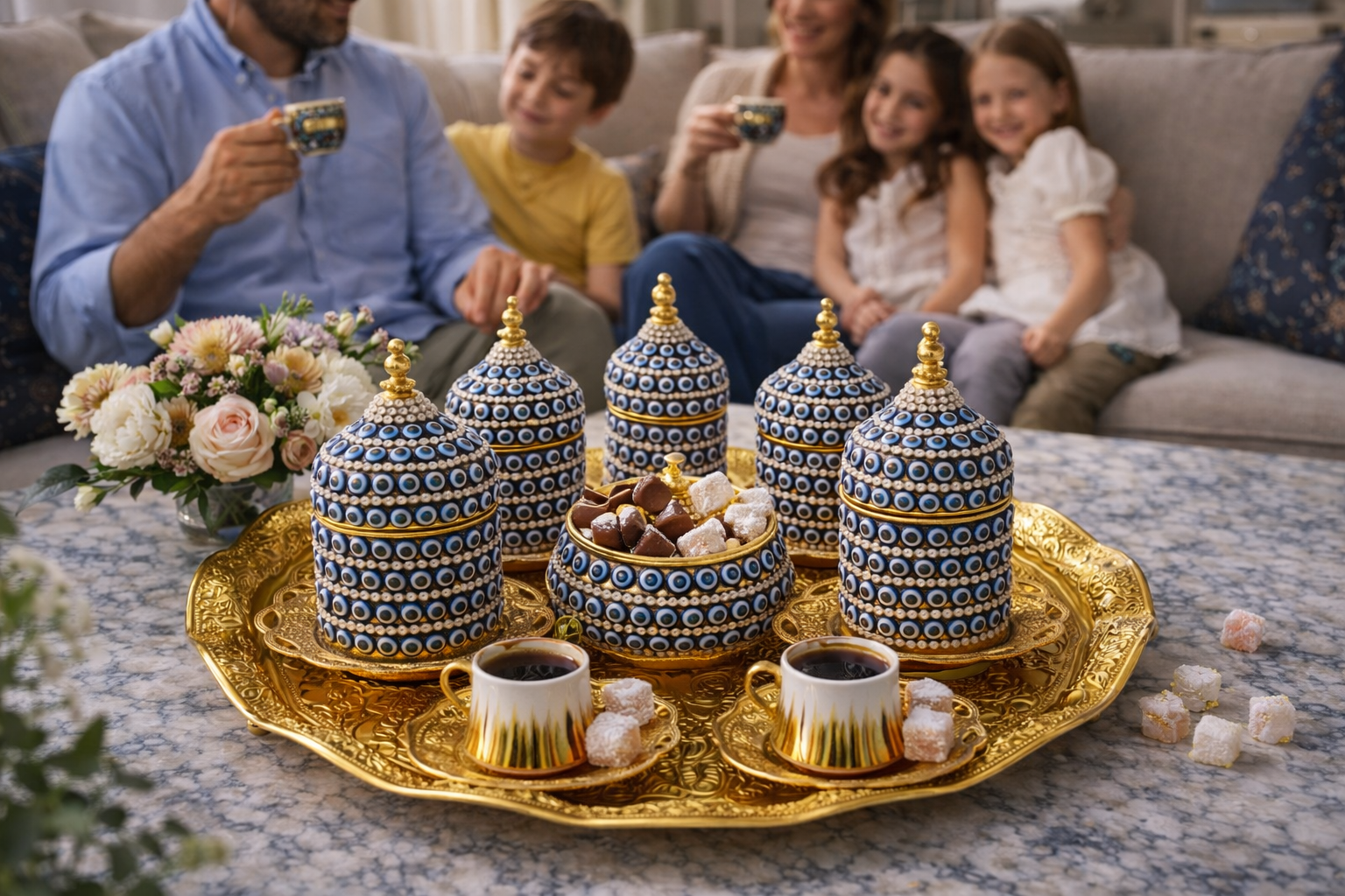 Luxury Turkish Coffee Set with Porcelain Cups, Gold Tray & Evil Eye Design – Premium Gift Set