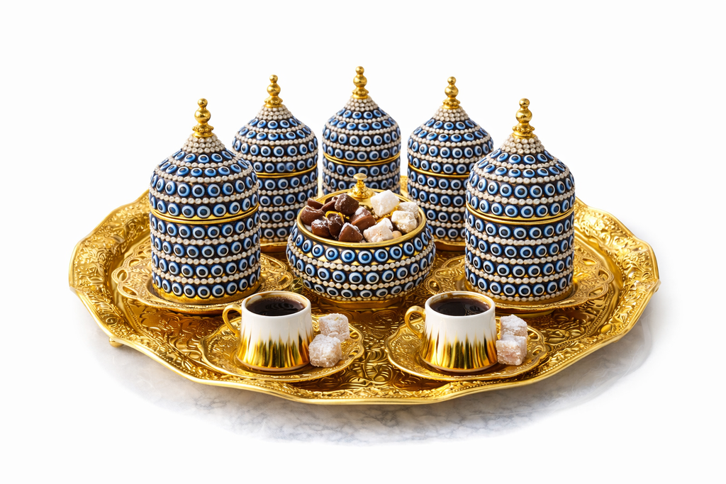 Luxury Turkish Coffee Set with Porcelain Cups, Gold Tray & Evil Eye Design – Premium Gift Set