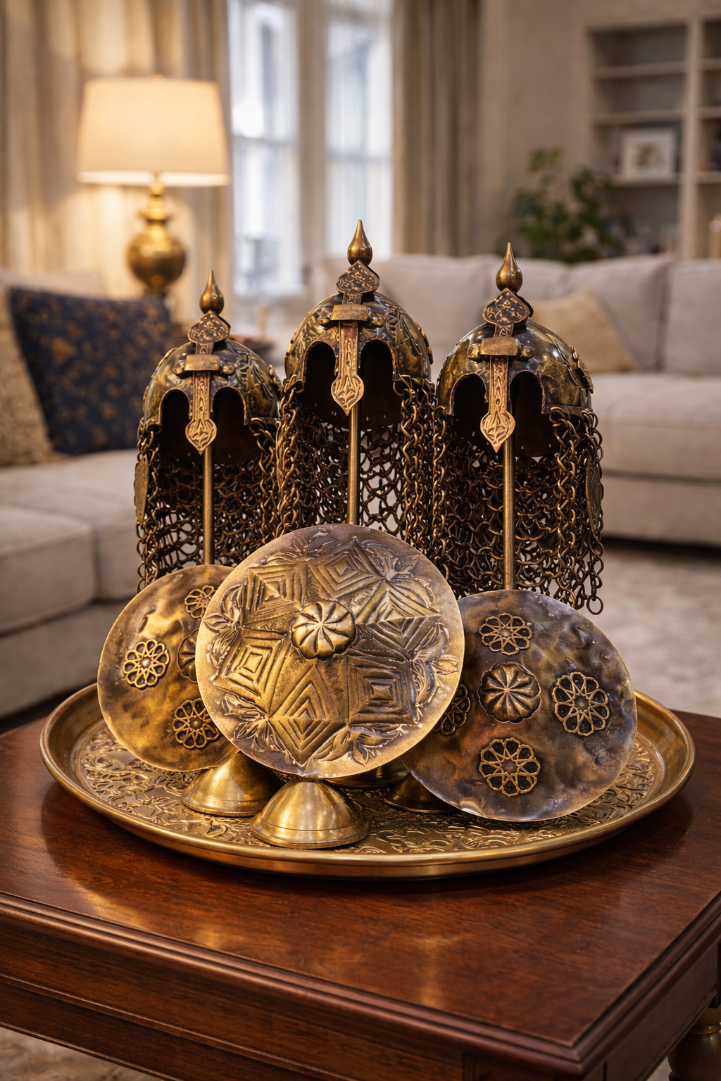 Handcrafted Ottoman Style Brass Helmet & Shield Decorative Set – Vintage Turkish Home Decor