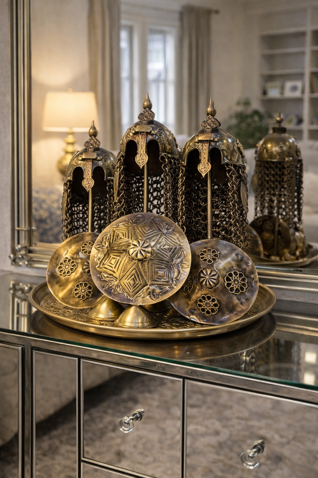 Handcrafted Ottoman Style Brass Helmet & Shield Decorative Set – Vintage Turkish Home Decor