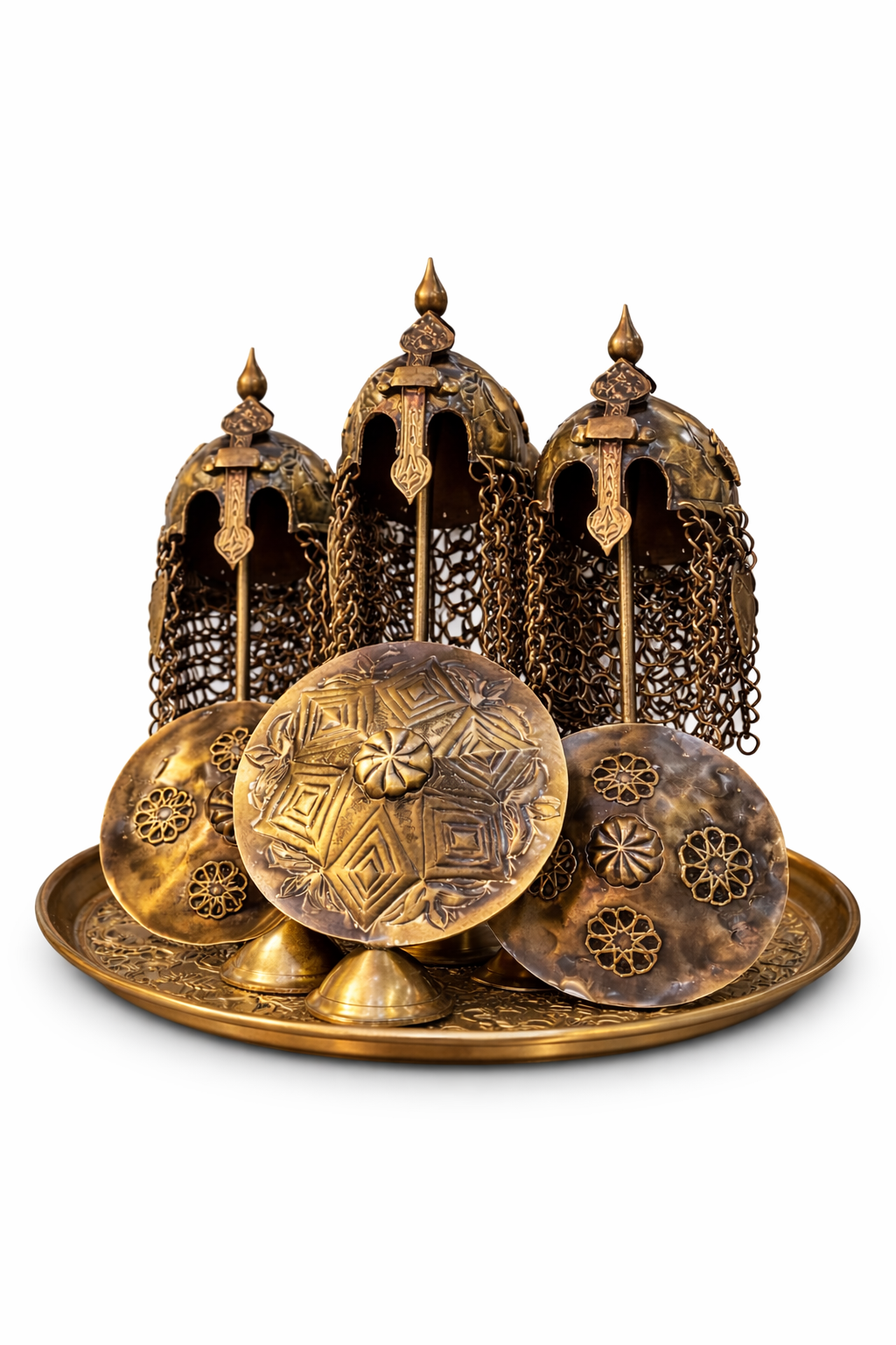 Handcrafted Ottoman Style Brass Helmet & Shield Decorative Set – Vintage Turkish Home Decor