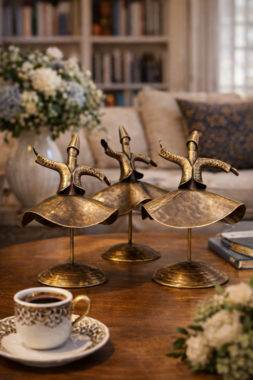 Ottoman Brass Whirling Dervish Statue Set – Handmade Turkish Sufi Home Decor (3 Pieces)