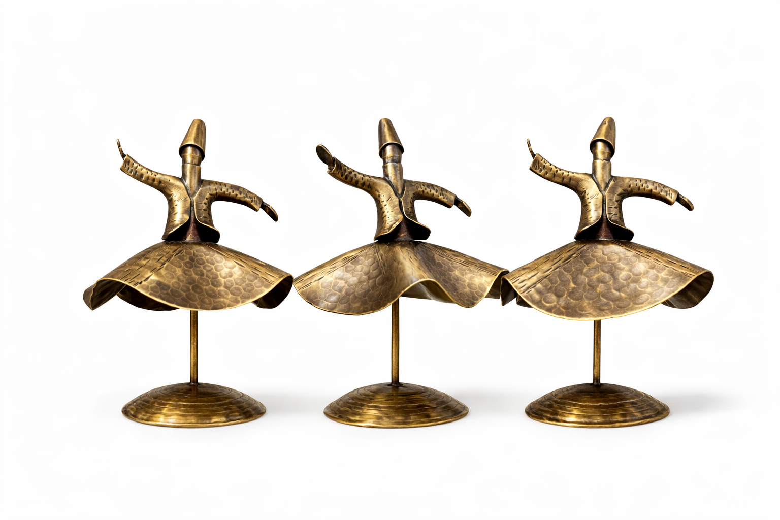 Ottoman Brass Whirling Dervish Statue Set – Handmade Turkish Sufi Home Decor (3 Pieces)