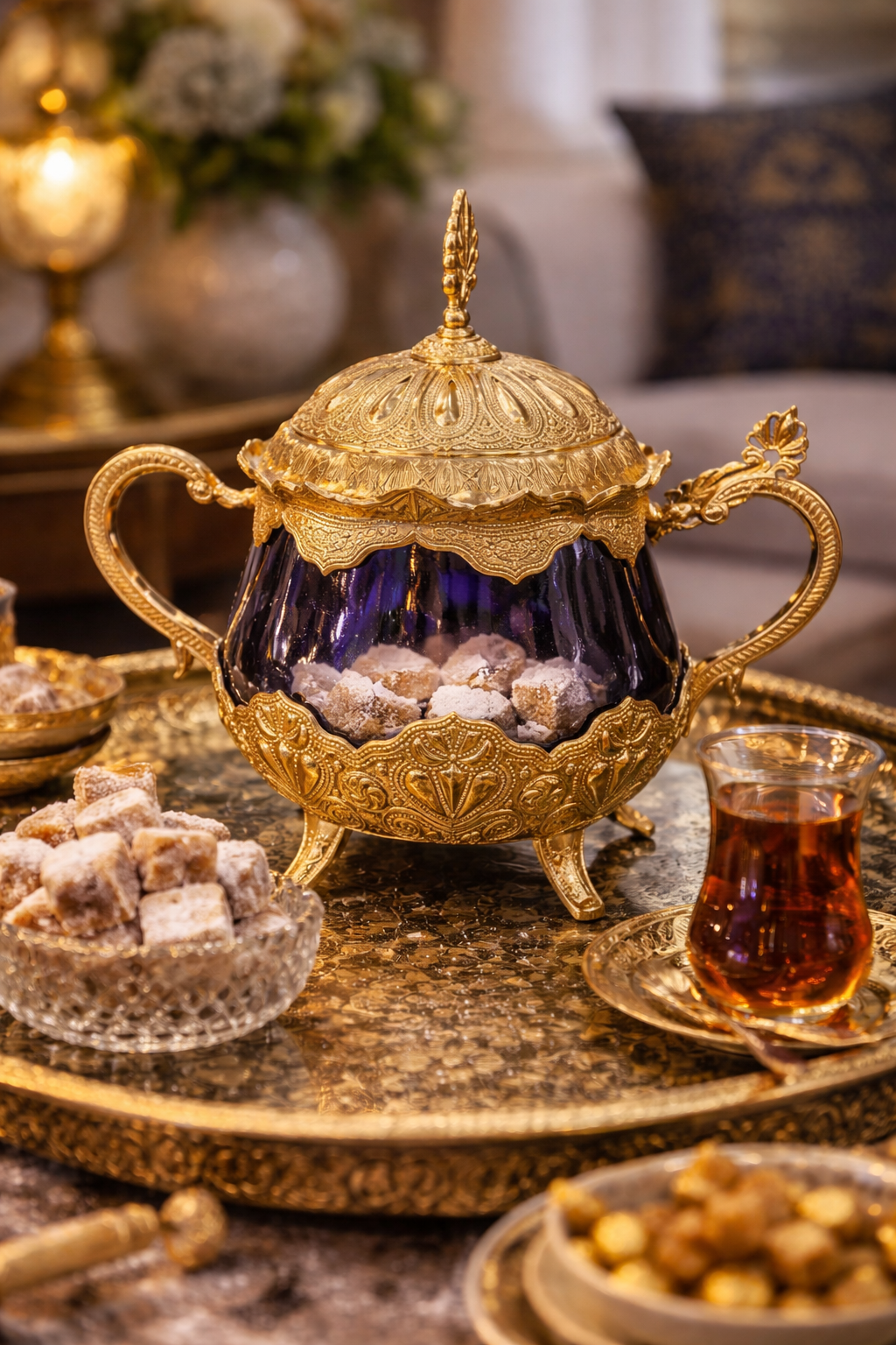 Luxury Ottoman Style Brass & Blue Glass Sugar Bowl – Vintage Turkish Decorative Candy Dish with Lid