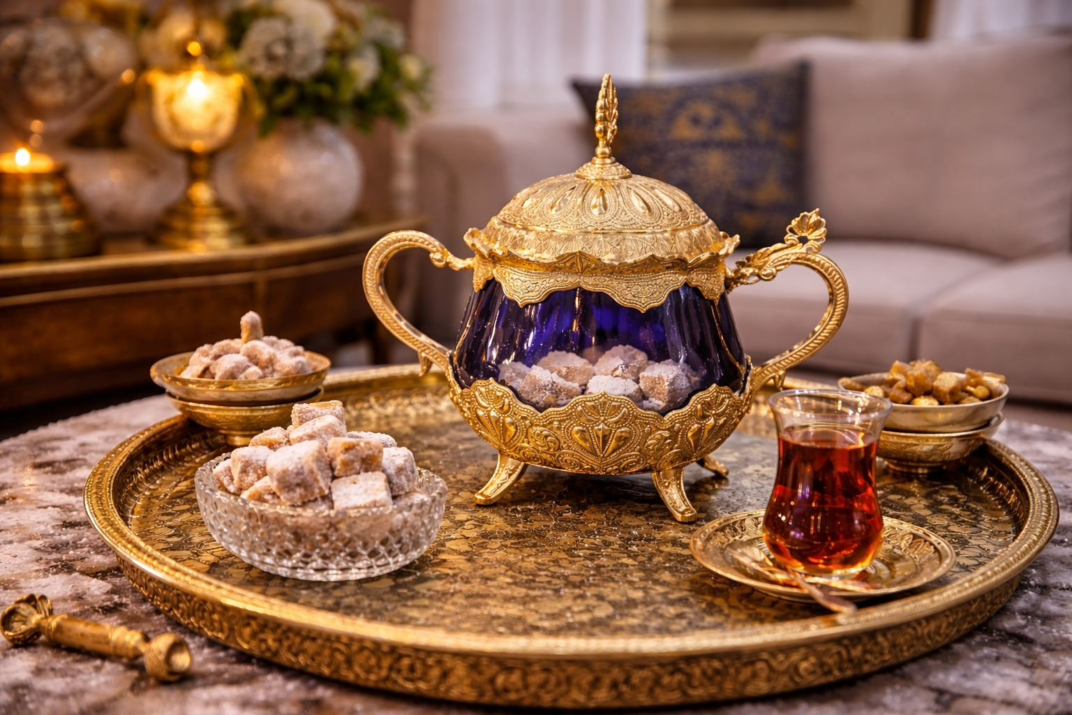 Luxury Ottoman Style Brass & Blue Glass Sugar Bowl – Vintage Turkish Decorative Candy Dish with Lid