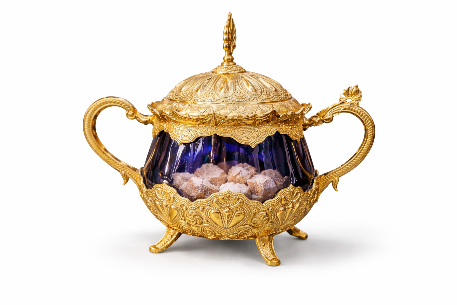 Luxury Ottoman Style Brass & Blue Glass Sugar Bowl – Vintage Turkish Decorative Candy Dish with Lid