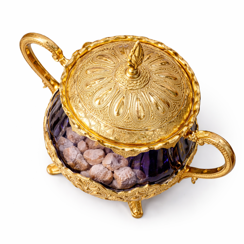 Luxury Ottoman Style Brass & Blue Glass Sugar Bowl – Vintage Turkish Decorative Candy Dish with Lid