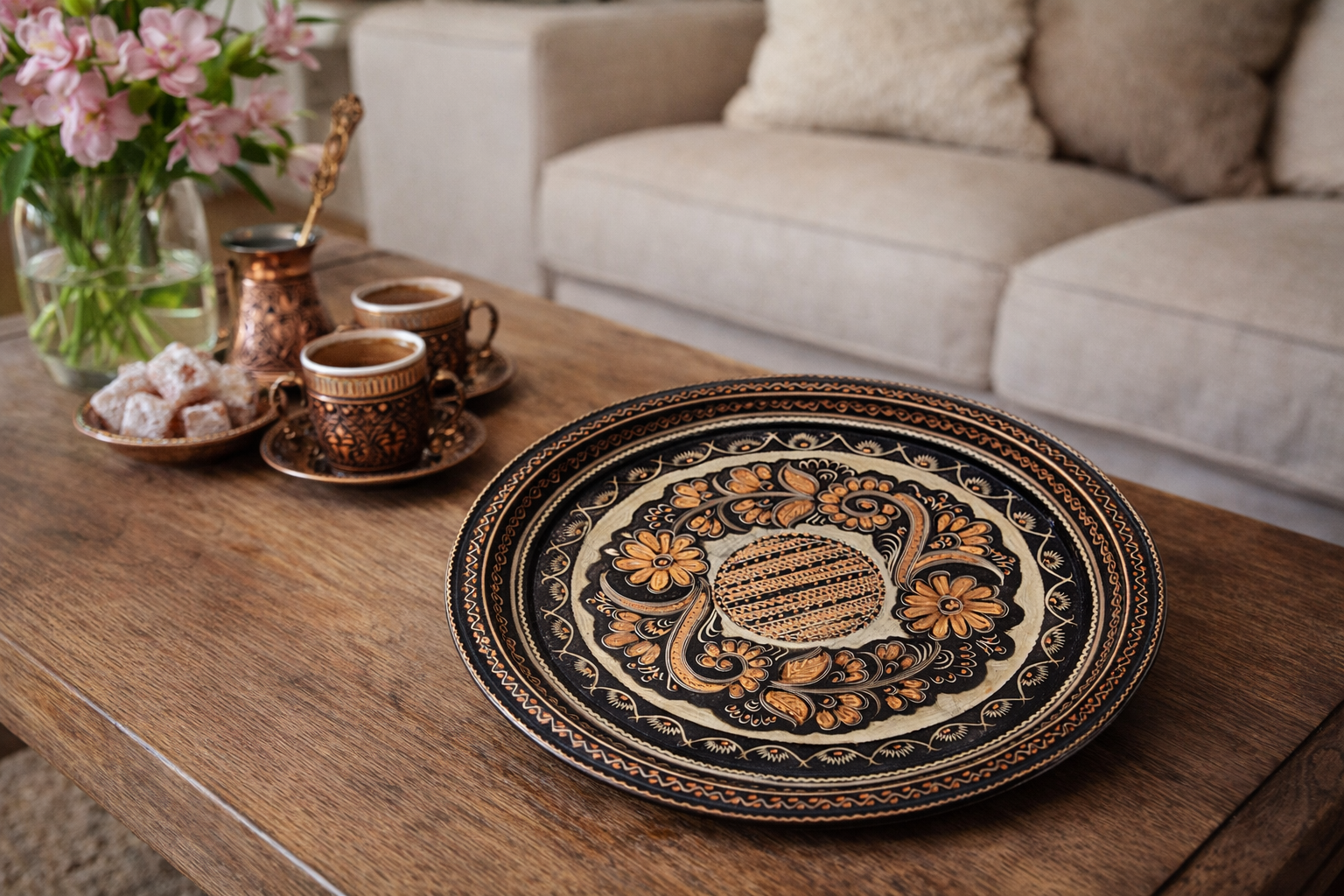 Hand Engraved Ottoman Copper Serving Tray Traditional Turkish Decorative Tray