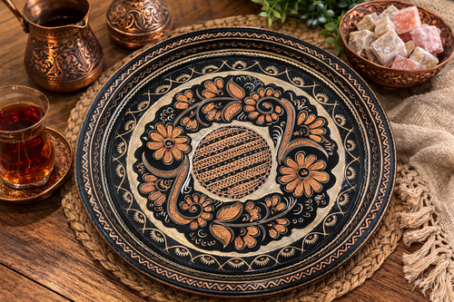 Hand Engraved Ottoman Copper Serving Tray Traditional Turkish Decorative Tray
