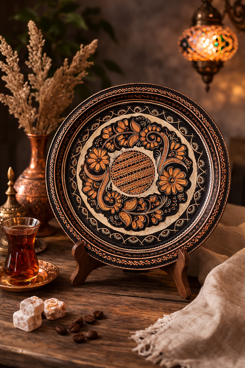 Hand Engraved Ottoman Copper Serving Tray Traditional Turkish Decorative Tray