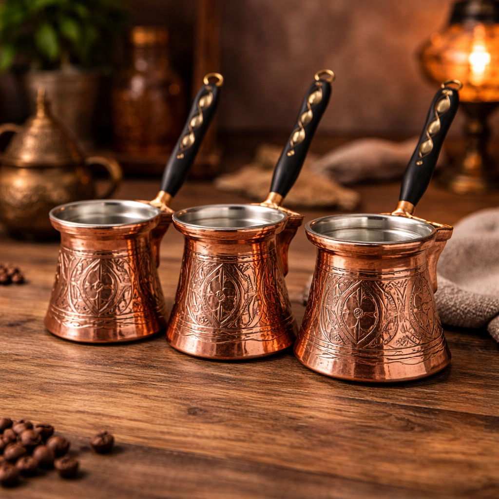 Handcrafted Copper Turkish Coffee Pot Set Tin Lined Ottoman Style Cezve Traditional Turkish Coffee Maker