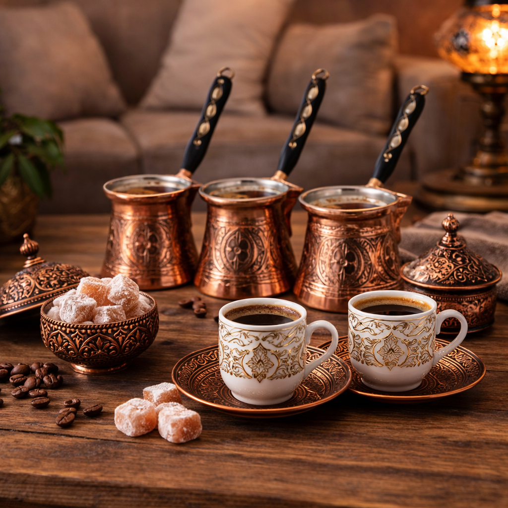 Handcrafted Copper Turkish Coffee Pot Set Tin Lined Ottoman Style Cezve Traditional Turkish Coffee Maker