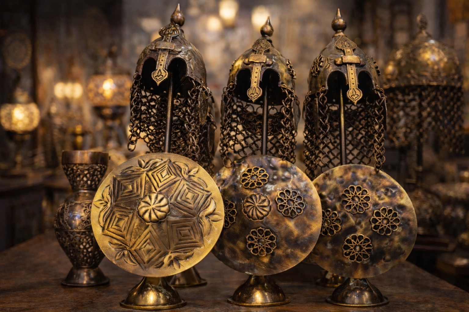 Handcrafted Ottoman Style Brass Helmet & Shield Decorative Set – Vintage Turkish Home Decor