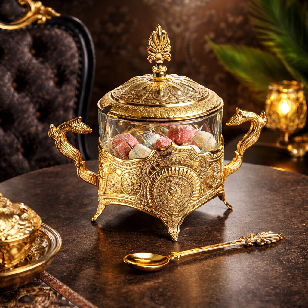 Luxury Ottoman Style Crystal Sugar Bowl – Gold Plated Turkish Delight Candy Dish with Swan Handles