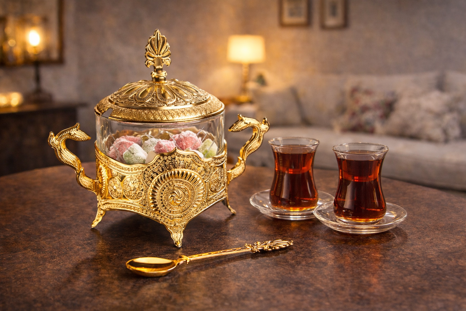 Luxury Ottoman Style Crystal Sugar Bowl – Gold Plated Turkish Delight Candy Dish with Swan Handles