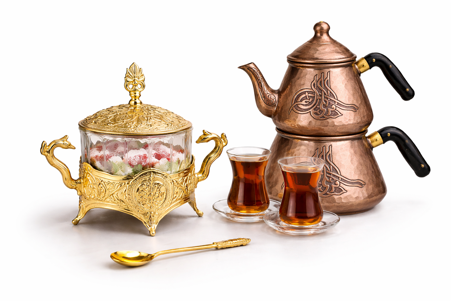 Luxury Ottoman Style Crystal Sugar Bowl – Gold Plated Turkish Delight Candy Dish with Swan Handles