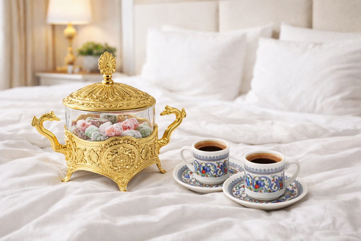 Luxury Ottoman Style Crystal Sugar Bowl – Gold Plated Turkish Delight Candy Dish with Swan Handles