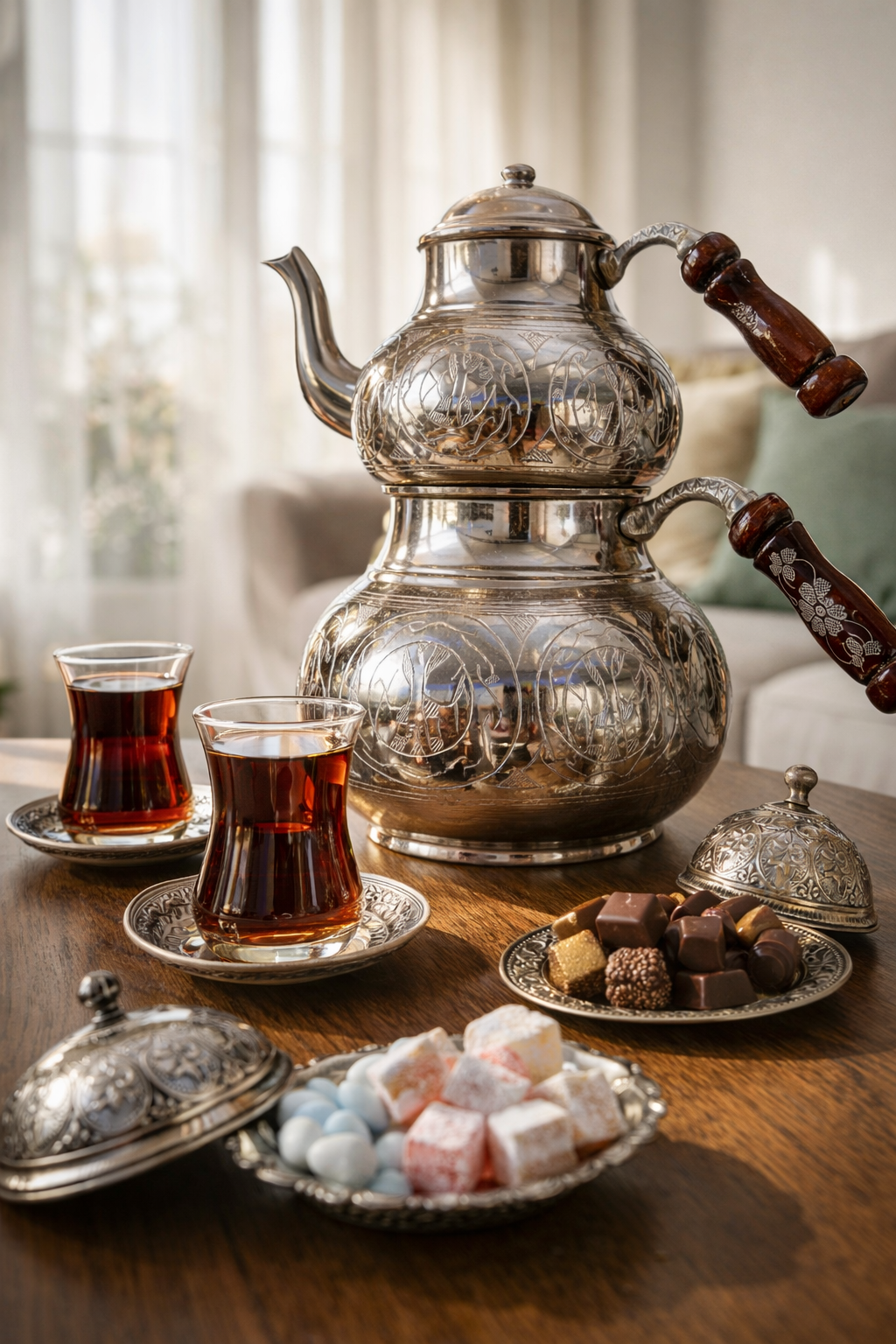 Handcrafted Engraved Copper Turkish Teapot Set (Çaydanlık) – Ottoman Design, Food-Safe Tin Lined, Wooden Handle, Premium Double Teapot for Authentic Tea Brewing