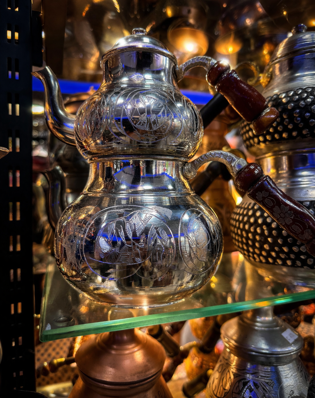 Handcrafted Engraved Copper Turkish Teapot Set (Çaydanlık) – Ottoman Design, Food-Safe Tin Lined, Wooden Handle, Premium Double Teapot for Authentic Tea Brewing
